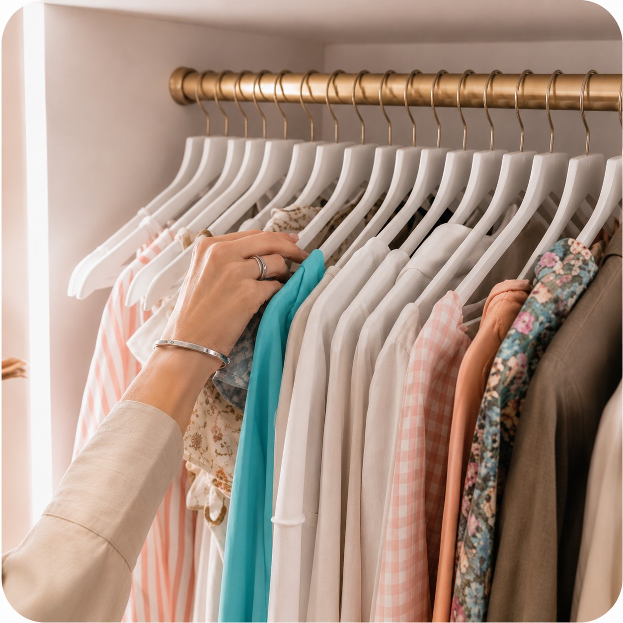 A coordinated wardrobe with garments arranged on matching hangers